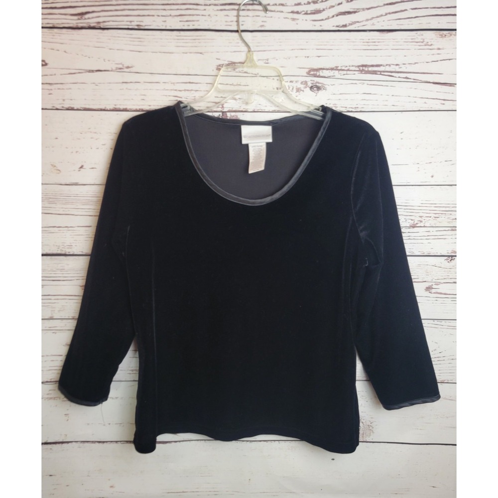 Worthington Velvet Top Minimalist Holiday Blouse Black Womens Large L 3/4 Sleeve